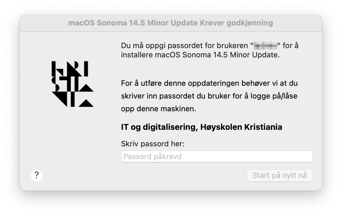 Skjermbilde av at oppdateringen krever passordet ditt.