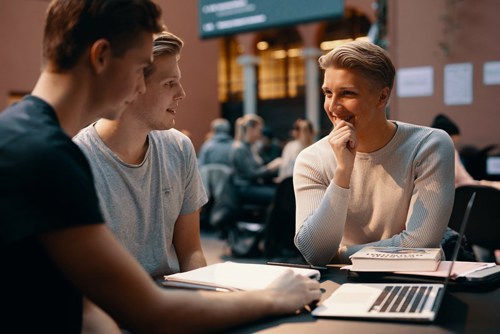 Unge, mannlige studenter sitter ved et bord med notatbøker og laptop.