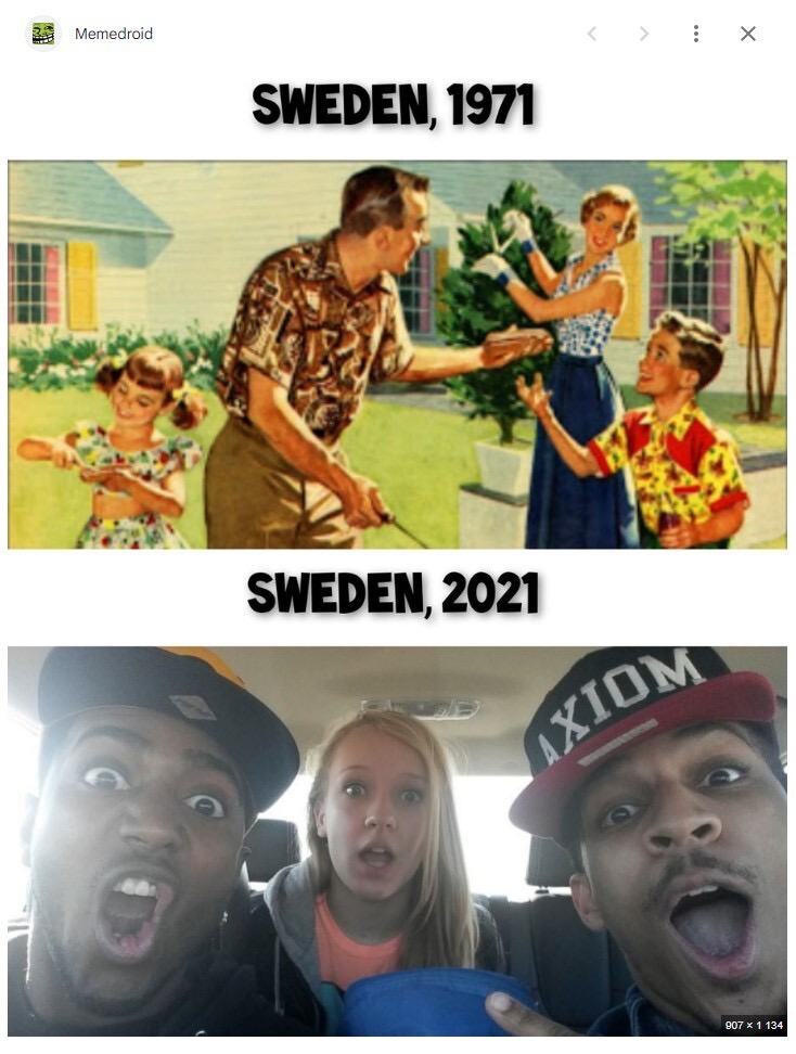 En 'meme' med et bilde av Sverige i 1971, og et bilde av Sverige i 2021.