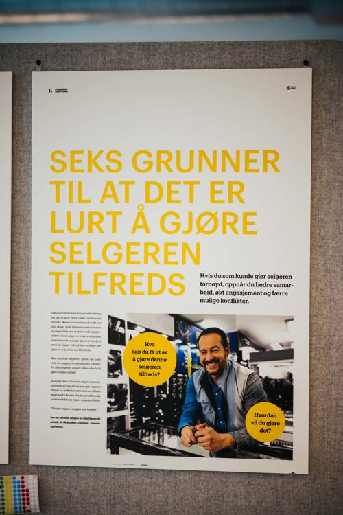 Plakat med tekst: Seks grunner til at det er lurt å gjøre selgeren tilfreds