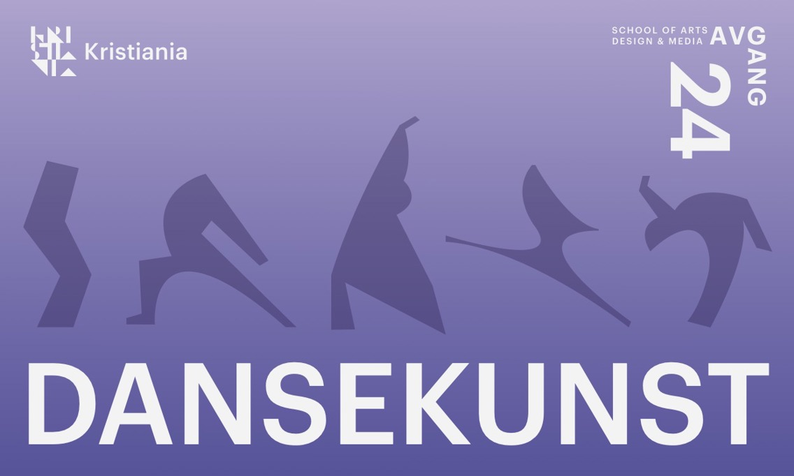 Grafiske dansende figurer mot lilla bakgrunn, ordet DANSEKUNST, Kristiania-logo, Avgang24-logo