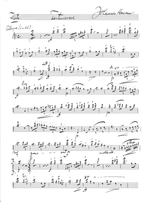 Bildet viser partituret med noter for fløytestemmen. 