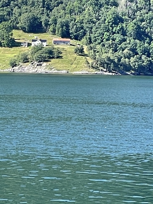 Bildet viser en fjord og på den andre siden av fjorden ser man en gård, men våningshus, låne og et lite uthus. Gården er omgitt av skog.