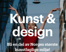 Teksten "kunst og design" skrevet med store bokstaver over et bilde av en danser 