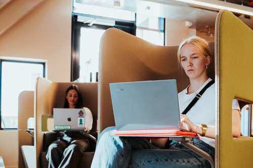 Studenter på lesesal som jobber med PC-er.