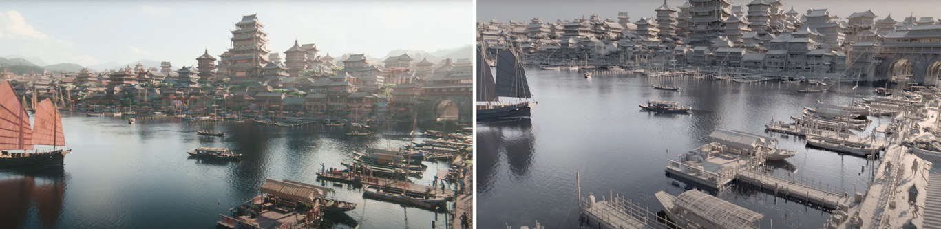 Bilde av en havn med trehus og bygninger i asiatisk fantasy-stil, samt foto av en langt mer moderne havneby.