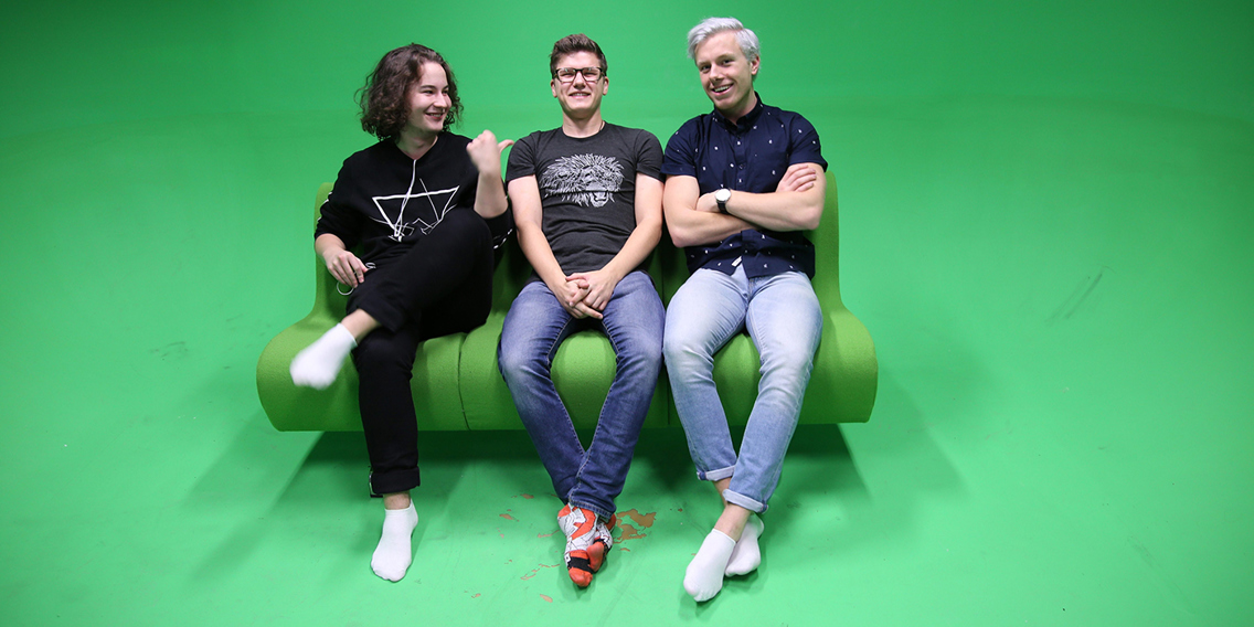 vfx Fra venstre: Markus Dahlstrøm, Lars Henrik Knapper Lunde og Markus Eiken i greenscreen-rommet på campus Brenneriveien.